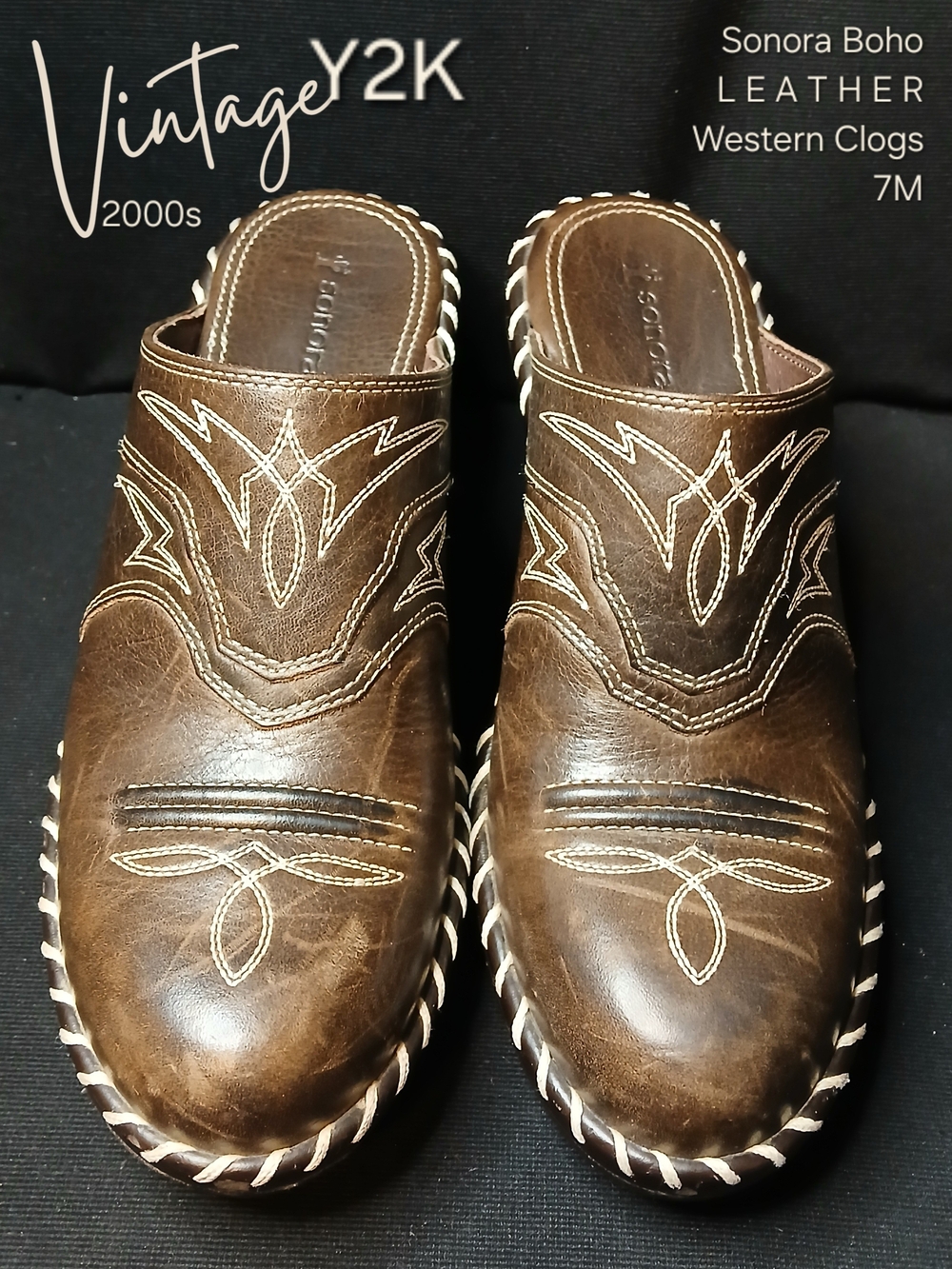 Vintage Y2K Sonora Boho Leather Western Mule Clogs - Brown